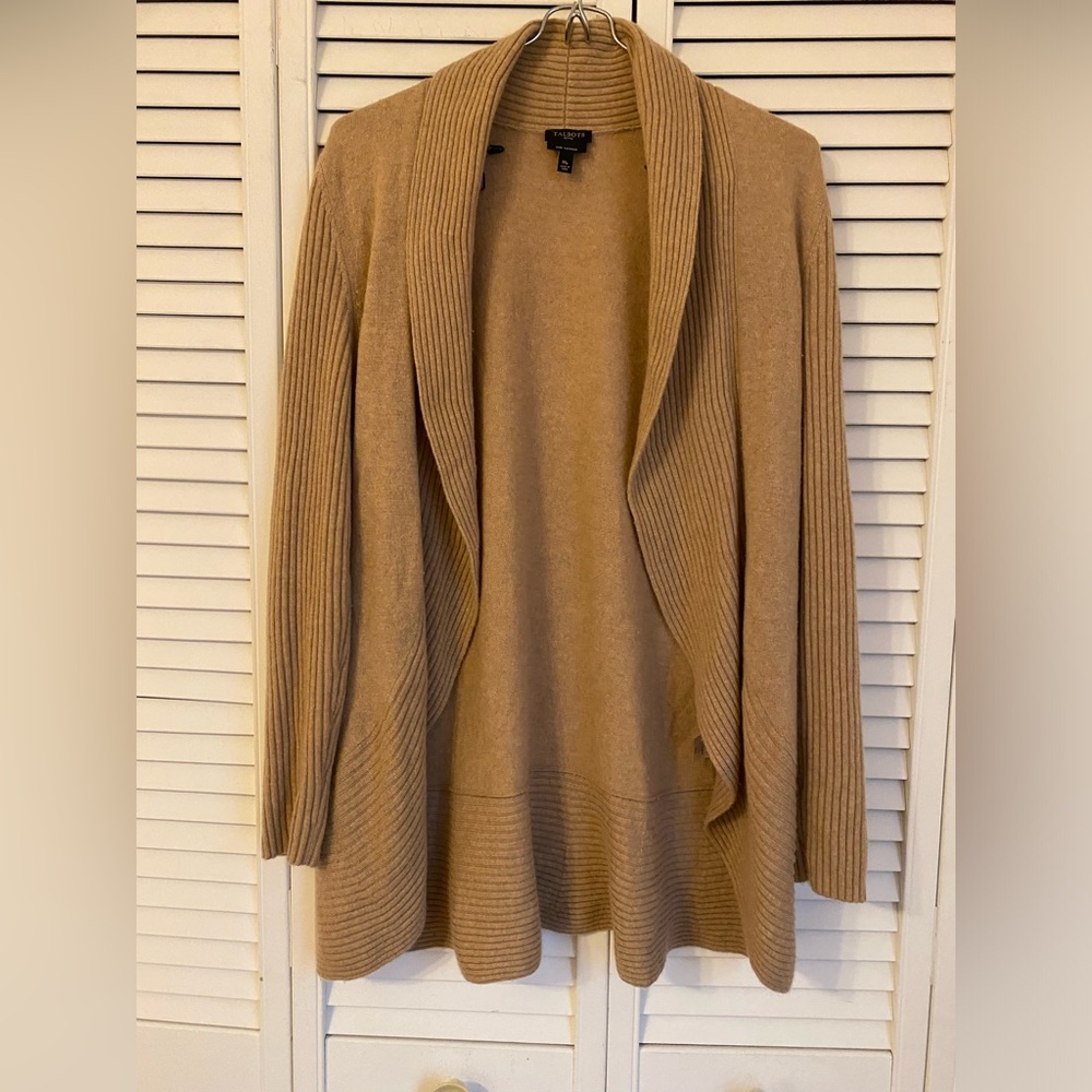 Talbots Cashmere Sweater Cardigan Medium Petite Tan Ribbed Open Front Soft Girl